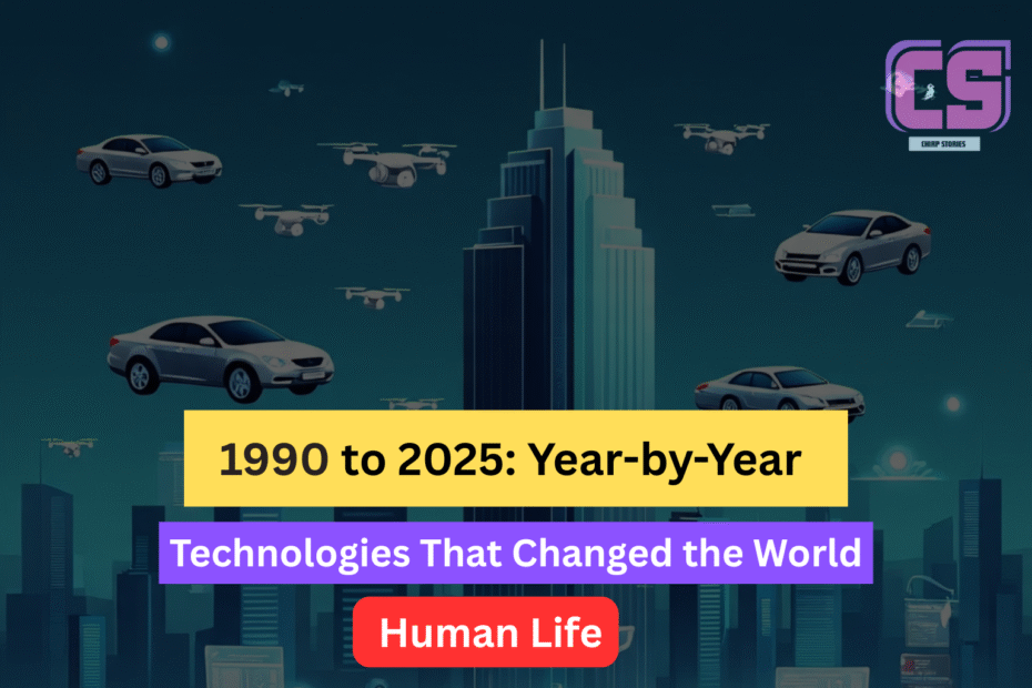 A visual timeline infographic showing key technologies from 1990 to 2025, including the rise of the internet, smartphones, social media, artificial intelligence, blockchain, and quantum computing, highlighting their impact on human life.