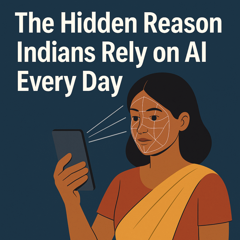Illustration of an Indian woman using facial recognition on her smartphone, with digital face-tracking lines and the headline ‘The Hidden Reason Indians Rely on AI Every Day’ displayed on a dark blue background.